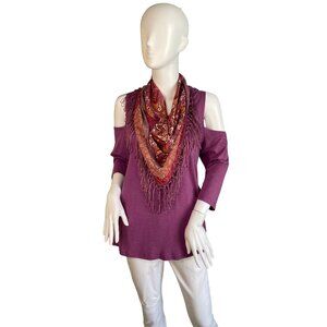 One World Women's Purple Cold Shoulder Top with Scarf Size M NWT